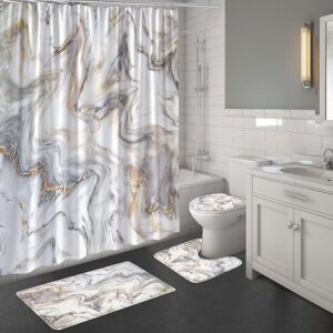 Marble Bathroom Set – Shower Curtain, Rugs & Accessories in Grey, Gold & White