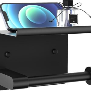 Matte Black Toilet Paper Holder with Shelf – Rustproof Stainless Steel, Self-Adhesive, for Mega Rolls