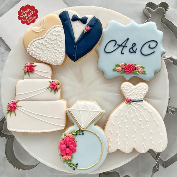 5-Pc Wedding Cookie Cutter Set – Square Plaque, Cake, Dress, Ring & Double Heart (Made in USA)