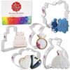 5-Pc Wedding Cookie Cutter Set – Square Plaque, Cake, Dress, Ring & Double Heart (Made in USA) - Image 2