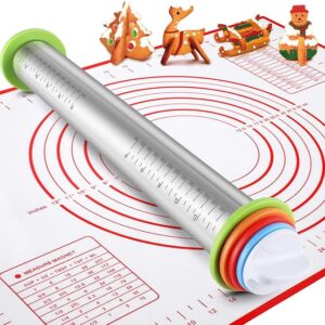 Stainless Steel Rolling Pin & Silicone Mat Set – Adjustable Thickness for Dough, Pizza & Pastries