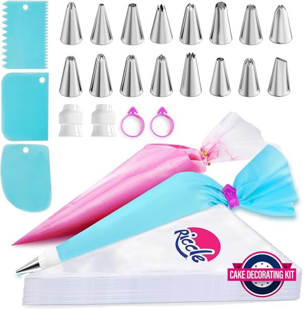 Riccle 124-Piece Piping Bags & Tips Set – 100 Bags, 16 Tips, Reusable Scrapers & Couplers