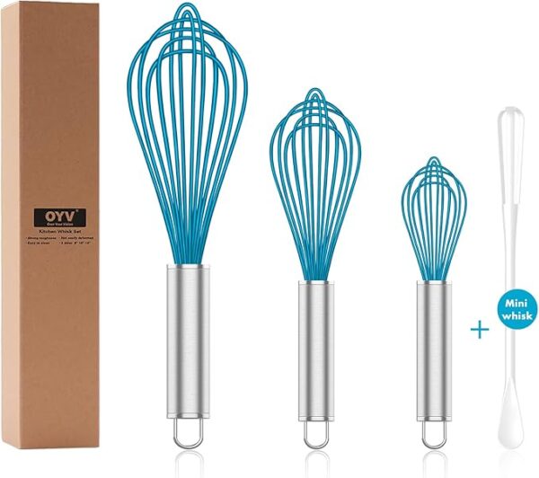 Silicone Whisk Set of 4 – Heat-Resistant to 480°F, Non-Scratch with Stainless Steel Handles