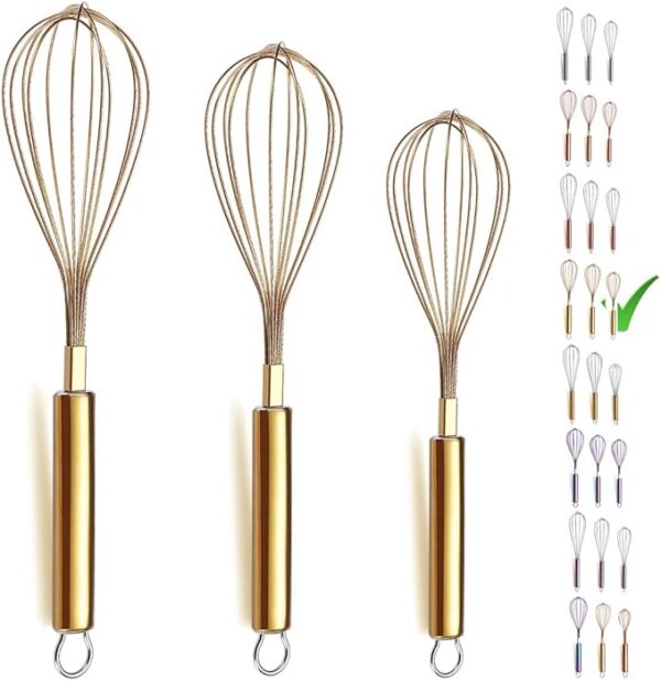 Berglander Gold Whisk Set – 3-Piece Stainless Steel (8", 10", 12") Titanium Plated for Cooking