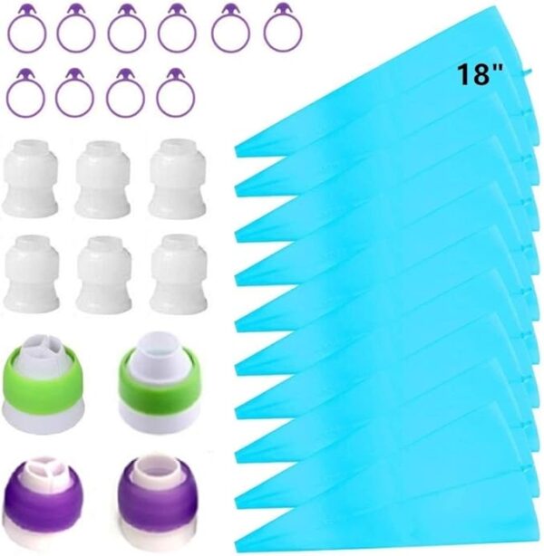 30pcs Pastry Piping Bags Set – 10 Silicone 18" Reusable Bags, 10 Couplers & 10 Bag Ties for Cake Decorating