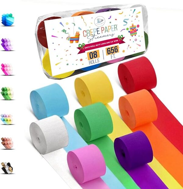 8 Crepe Paper Streamers – 656ft Total, Rainbow Party Streamers for Birthday, Wedding, and Event Decorations (1.8" x 82ft/Roll)
