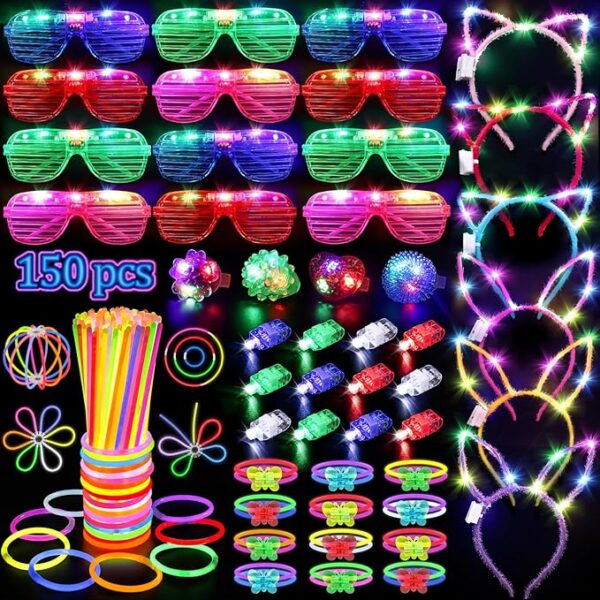 150PCS Glow in the Dark Party Supplies – Light Up Glasses, Headbands, Rings, Glow Sticks & Necklaces