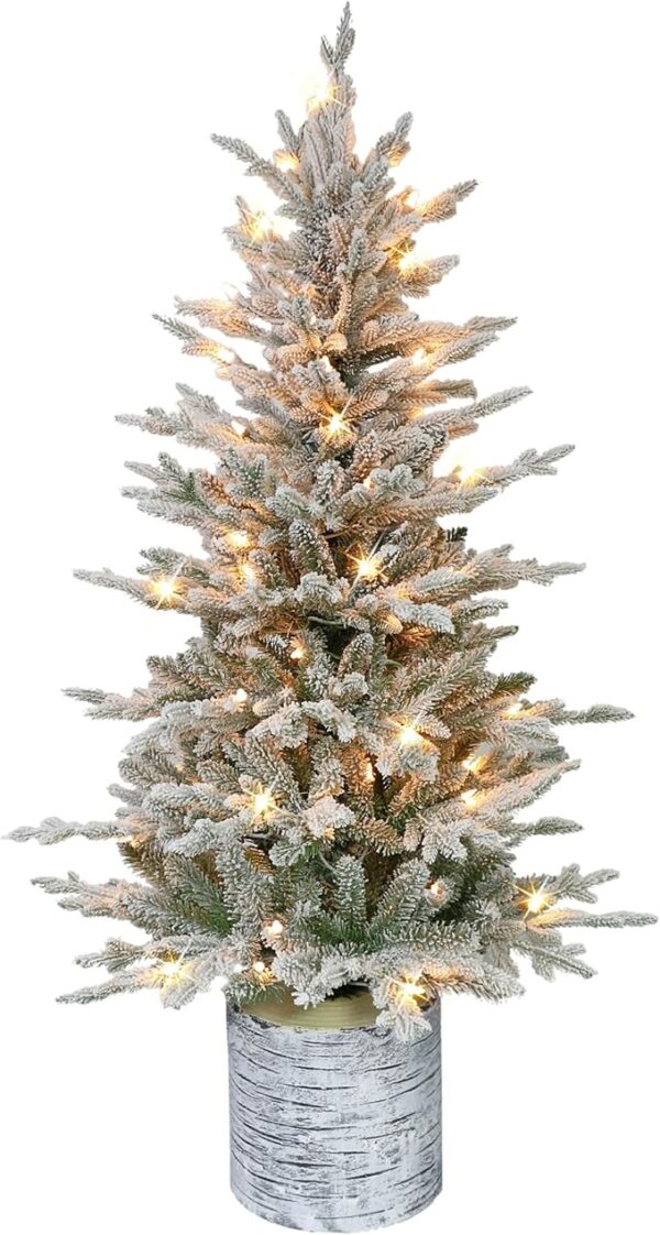 Puleo 4.5ft Pre-Lit Flocked Arctic Fir Tree – 70 Clear Lights, Potted Artificial Christmas Tree
