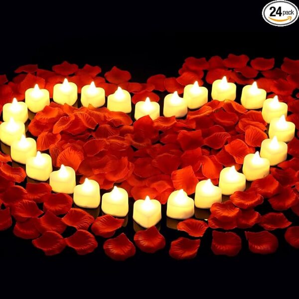 2000 Artificial Rose Petals & 24 LED Tea Lights – Romantic Decor for Valentine's Day, Weddings & Anniversaries