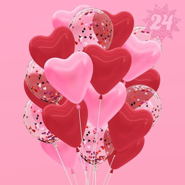 Fetti Valentine's Day Heart Confetti Balloons – 24 Pk, 12" Pink & Red for V-Day, Galentines & Parties