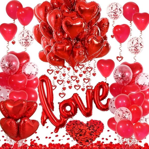 Red Valentine's Day Decorations – Heart Balloons, Love Balloon, Rose Petals & Hanging Decor for Weddings & Anniversaries