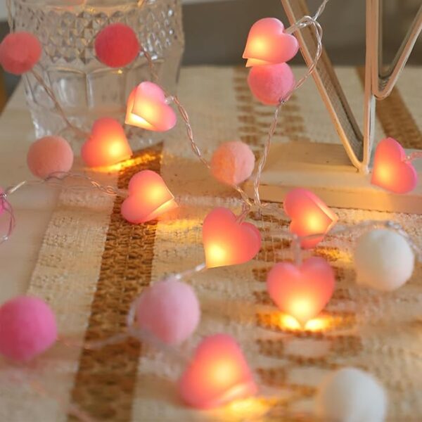 9.85Ft String Lights – 20 Pink Heart LEDs & Pom Poms with Timer for Valentine’s, Wedding, & Party Decor