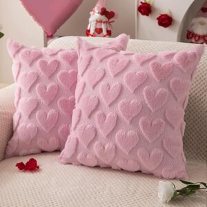 18x18" Valentine Pillow Covers – Set of 2 Pink Heart Plush Throw Pillows for Sofa or Bedroom Decor
