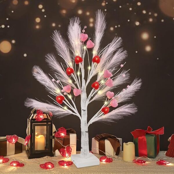 27.5" Valentine Birch Tree – LED Lighted Tree with Heart Ornaments & Pink Feathers for Table or Mantle Decor
