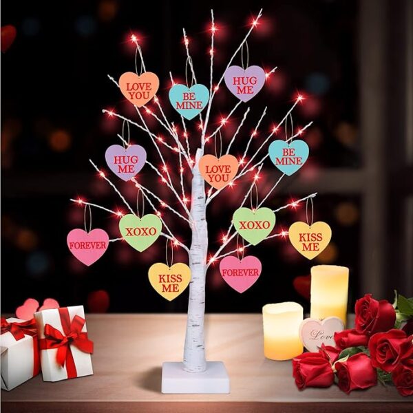 Valentine's Day Lighted Tree – 24" with 12 Heart Ornaments, USB/Battery Operated Table Decor