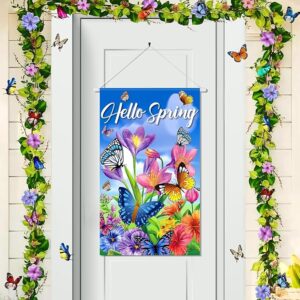 Hello Spring Door Banner – Butterfly & Flower Welcome Sign for Front Porch, Indoor/Outdoor Seasonal Decor