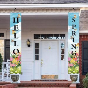 Hello Spring Porch Banner – 70.8"x11.8" Colorful Floral & Green Leaves Door Sign for Seasonal, Wedding & Yard Decor
