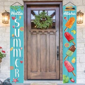 Summer Aloha Porch Banner – Popsicle & Hello Summer Sign for Hawaii Party, Indoor/Outdoor Front Door Decor (Light Blue)