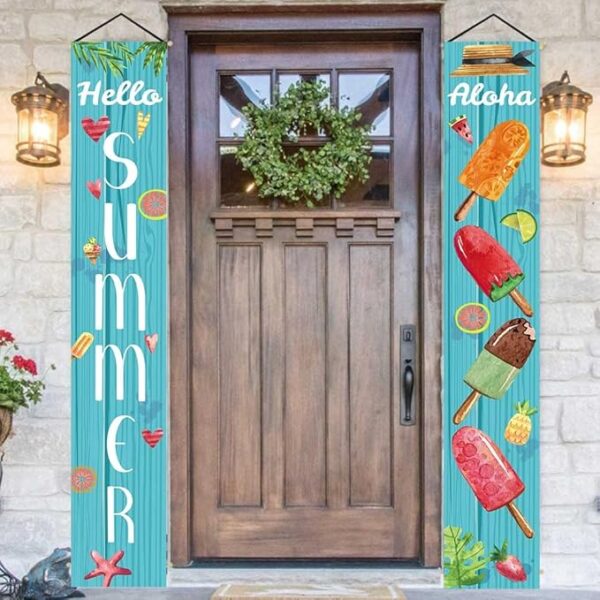 Summer Aloha Porch Banner – Popsicle & Hello Summer Sign for Hawaii Party, Indoor/Outdoor Front Door Decor (Light Blue)