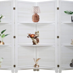 4-Panel 5.6ft Folding Wood Room Divider with 3 Shelves, Portable Privacy Screen, White