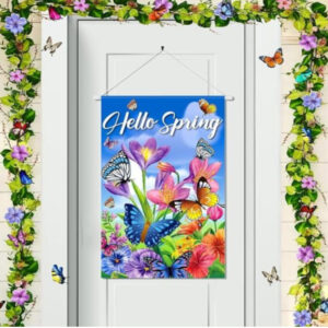 Hello Spring Door Banner – Butterfly & Flower Welcome Sign for Front Porch, Indoor/Outdoor Seasonal Decor