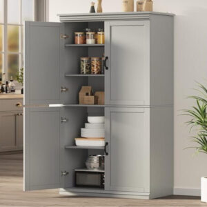 70" Tall Pantry Cabinet with 2 Doors & 3 Adjustable Shelves, Freestanding Storage, Gray