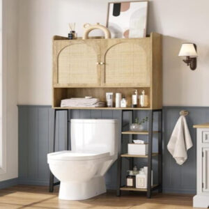 Rattan Over-The-Toilet Storage Cabinet with Adjustable Shelf & Metal Stand, Natural