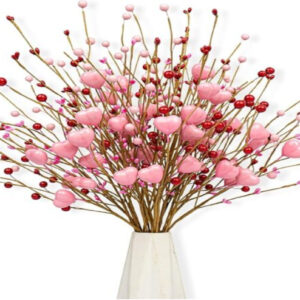 Valentine's Day Decor – 24-Pack Pink Heart Berry Picks with Red Berries for Weddings & Anniversaries