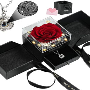 Preserved Real Red Rose with "I Love You" Necklace – Eternal Flower Gift for Women, Wife, Mom, Girlfriend