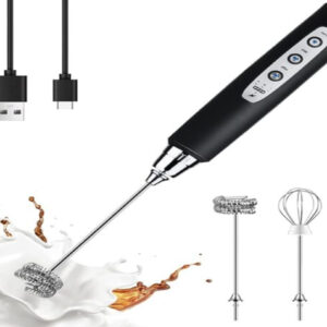 Rechargeable Milk Frother – Black Handheld Whisk with 3 Speeds & Attachments for Coffee & Lattes