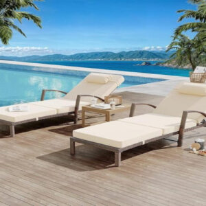Set of 2 Outdoor Rattan Chaise Lounges with Adjustable 5-Position Back, Cushion & Pillow, Khaki