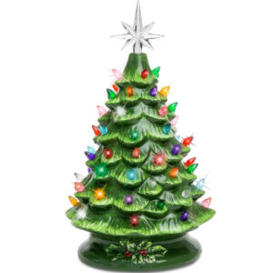 15" Pre-Lit Ceramic Christmas Tree – Green with Multicolored Bulbs