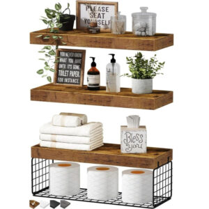 Over Toilet Bathroom Shelves – Wall-Mounted, 16" Floating Storage, Set of 3, Rustic Brown
