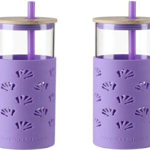 2-Pack 20oz Glass Tumblers – Bamboo Lids, Straws & Silicone Sleeves (Purple Shell)