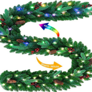 9FT Pre-Lit Christmas Garland – Pine Cones, Red Berries & 60 Dual-Color LED Lights (Battery w/ Timer)
