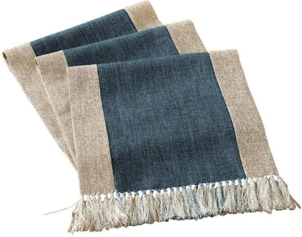 Rustic Blue Linen Table Runner – 15"x71" with Fringe, Boho Farmhouse Style, Washable