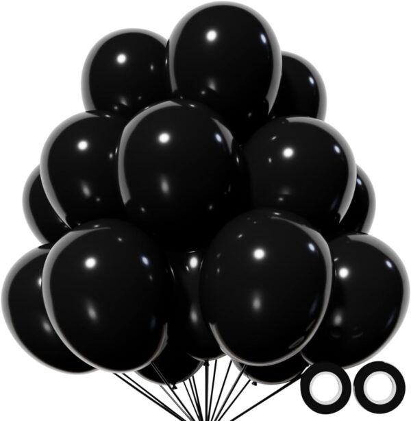 110 Black Latex Balloons – 12'' for Birthday, Baby Shower, Wedding with 2 Ribbons