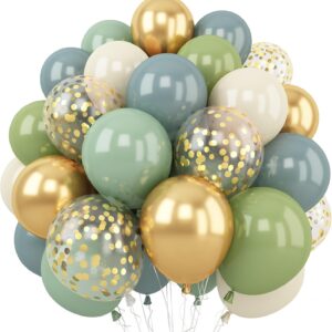 60-Piece Dusty Green & Blue Balloon Set – 12'' Sage, Sand, White & Gold for Boho & Safari Parties