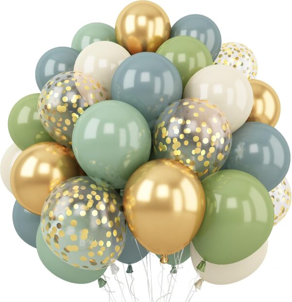 60-Piece Dusty Green & Blue Balloon Set – 12'' Sage, Sand, White & Gold for Boho & Safari Parties