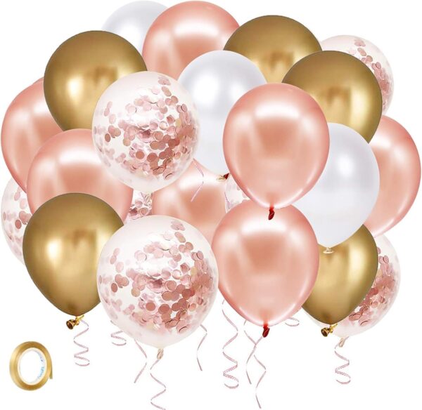 60 Rose Gold Confetti Balloons – 12'' White Latex with Gold Ribbon for Weddings & Parties