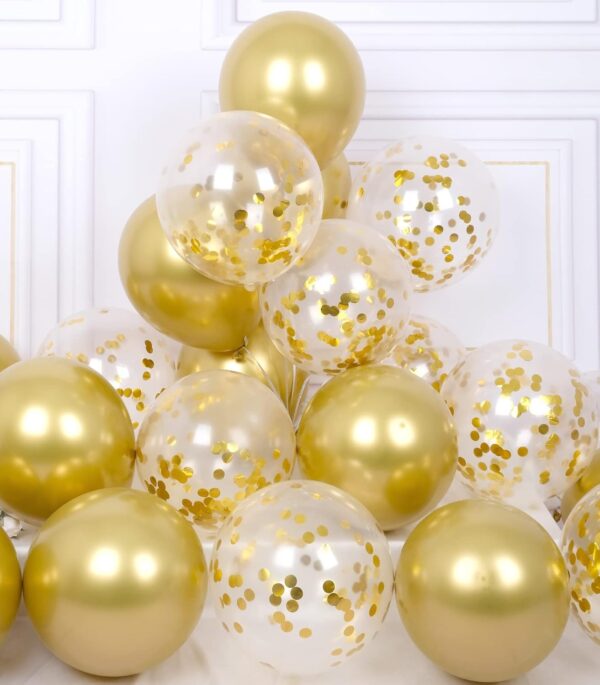 42-Pack Metallic Gold & Confetti Balloons – 12'' with Ribbons for Party Decorations