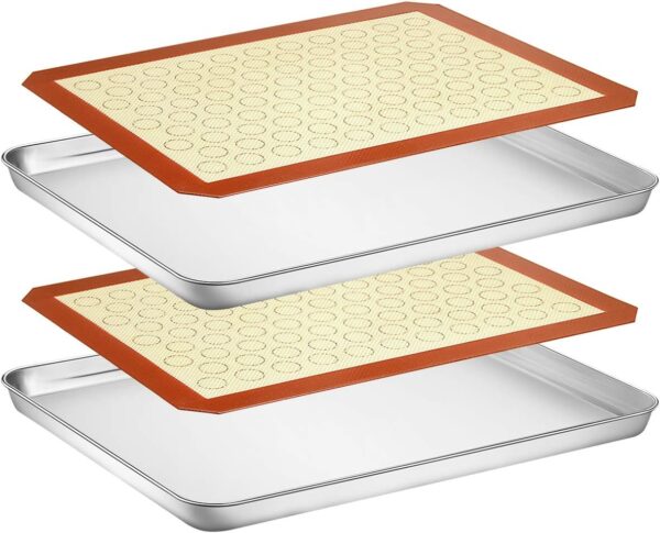 Baking Sheet & Silicone Mat Set, 16x12x1", 2 Stainless Steel Pans + 2 Non-Stick Mats (Set of 4)