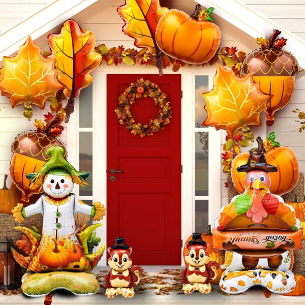 12Pcs Thanksgiving Foil Balloon Garland, Scarecrow, Turkey & Pumpkin Party Decorations