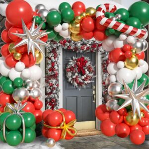125Pcs Christmas Balloon Garland Kit, Red Green Gold Silver Arch with Cane & Star Foil Decorations