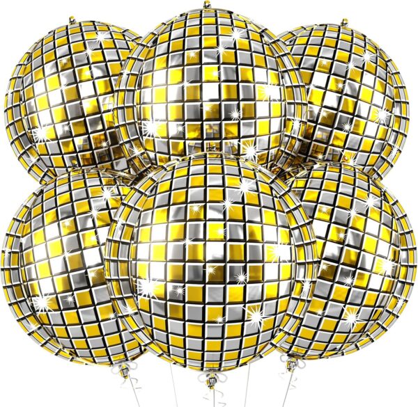 6Pcs Gold Silver Disco Ball Foil Balloons, 22" 4D Party Decorations