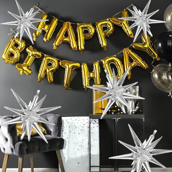 5Pcs Silver Starburst Cone Foil Balloons, 12-Point Party Decorations